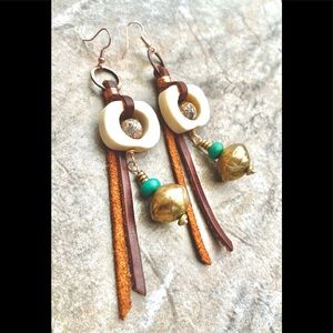 SOLD Tribal Boho Earrings African Trade Bone, Leather, Agate, Turquoise & Brass